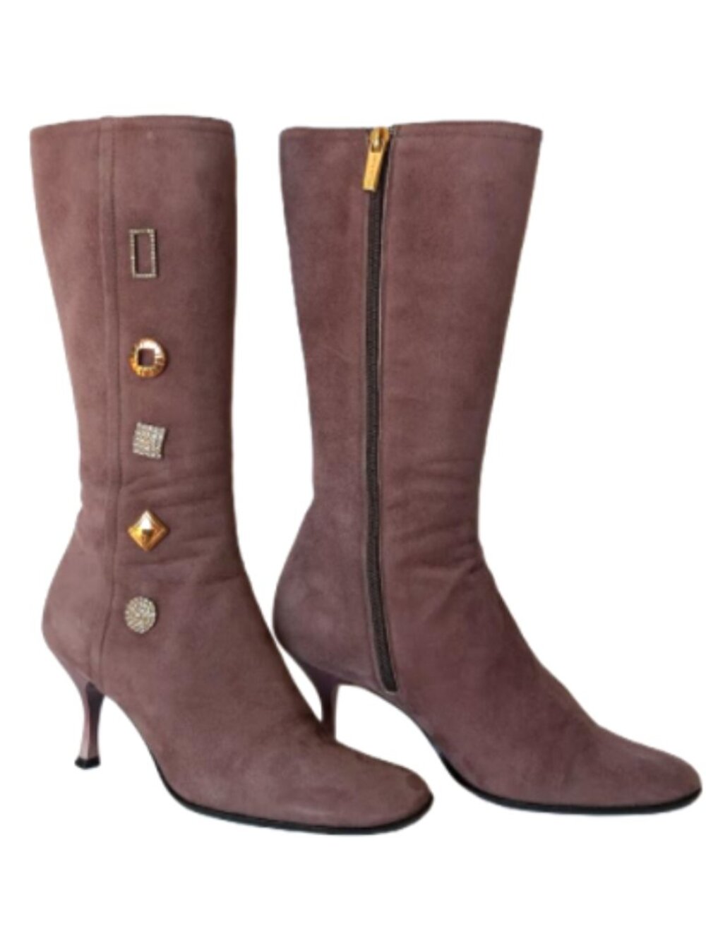 Vintage Loretta Pettinari Mauve Suede Embellished High Heeled Boot Italy 35/5